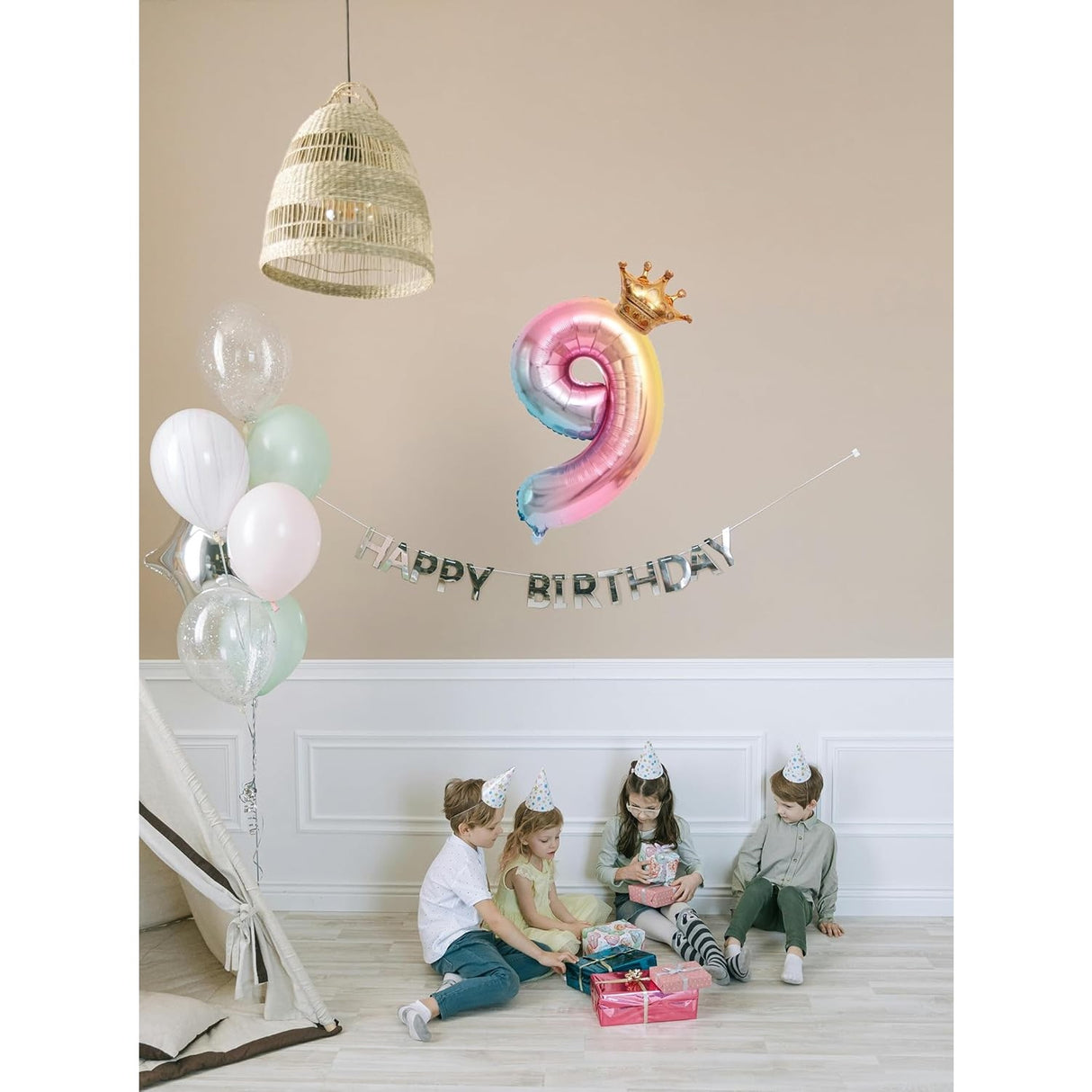 Balon Din Folie Metalizata, Figurina Cifra Gradient, Tema Aniversare 80 Cm, Ambalaj Individual, Pai Inclus, Umflare Cu Aer Sau Heliu, Coronita, Cifra 9 - vivimall.ro