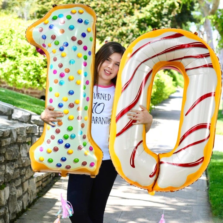 Balon din Folie Metalizata Vivimall, Figurina Cifra, Imprimeu Gogosi, Tema Aniversare 100 cm, Ambalaj Individual, Pai inclus, Umflare cu Aer sau Heliu, Multicolor, Cifra 0 - vivimall.ro