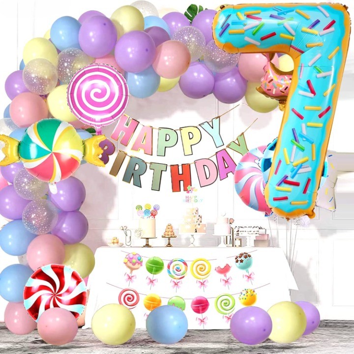 Balon din Folie Metalizata Vivimall, Figurina Cifra, Imprimeu Gogosi, Tema Aniversare 100 cm, Ambalaj Individual, Pai inclus, Umflare cu Aer sau Heliu, Multicolor, Cifra 7 - vivimall.ro