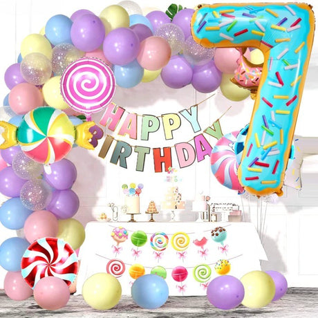 Balon din Folie Metalizata Vivimall, Figurina Cifra, Imprimeu Gogosi, Tema Aniversare 100 cm, Ambalaj Individual, Pai inclus, Umflare cu Aer sau Heliu, Multicolor, Cifra 7 - vivimall.ro