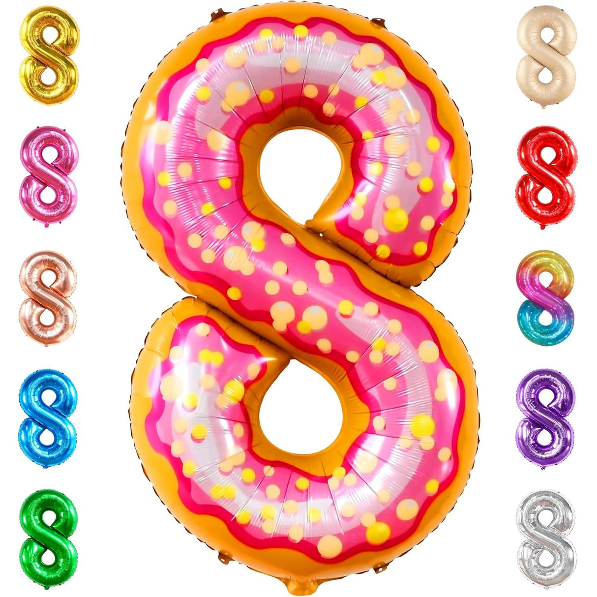Balon din Folie Metalizata Vivimall, Figurina Cifra, Imprimeu Gogosi, Tema Aniversare 100 cm, Ambalaj Individual, Pai inclus, Umflare cu Aer sau Heliu, Multicolor, Cifra 8 - vivimall.ro