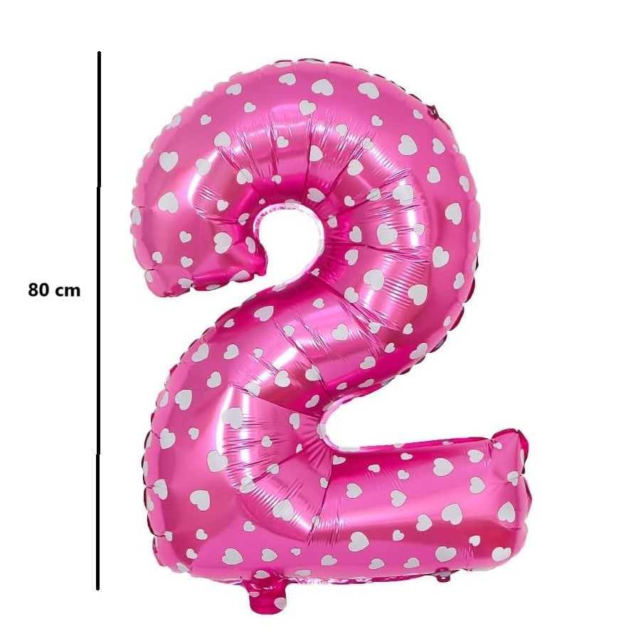 Balon din Folie Metalizata Vivimall, Figurina Cifra, Imprimeu Inimi, Tema Aniversare 80 cm, Ambalaj Individual, Pai inclus, Umflare cu Aer sau Heliu, Roz, Cifra 2 - vivimall.ro
