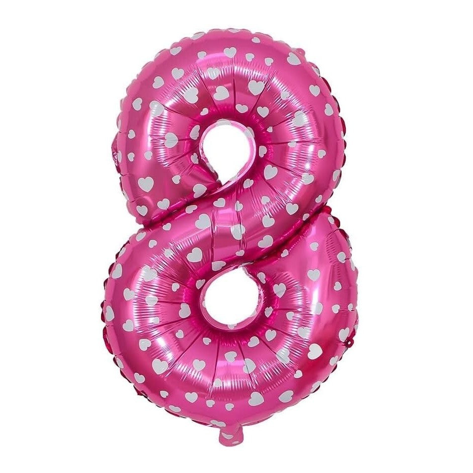 Balon din Folie Metalizata Vivimall, Figurina Cifra, Imprimeu Inimi, Tema Aniversare 80 cm, Ambalaj Individual, Pai inclus, Umflare cu Aer sau Heliu, Roz, Cifra 8 - vivimall.ro