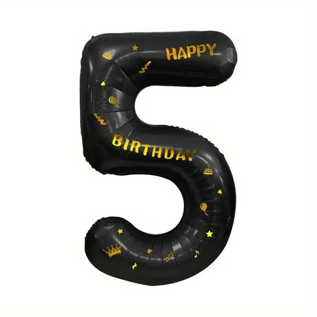 Balon din Folie Metalizata Vivimall, Figurina Cifra, Scris Happy Birthday, Tema Aniversare 100 cm, Ambalaj Individual, Pai inclus, Umflare cu Aer sau Heliu, Negru, Cifra 5 - vivimall.ro