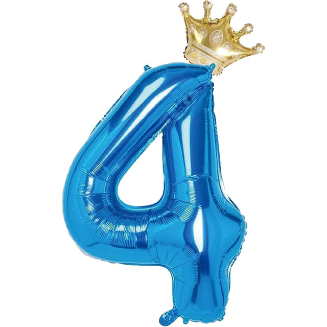 Balon din Folie Metalizata Vivimall, Figurina Cifra si Coroana, Tema Aniversare 100 cm, Ambalaj Individual, Pai inclus, Umflare cu Aer sau Heliu, Albastru, Cifra 4 - vivimall.ro