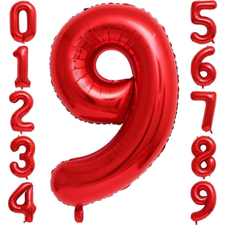 Balon Din Folie Metalizata, Figurina Cifra, Tema Aniversare 100 Cm, Ambalaj Individual, Pai Inclus, Umflare Cu Aer Sau Heliu, Cifra 9