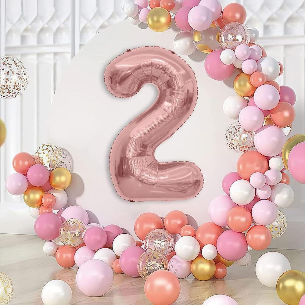 Balon din Folie Metalizata Vivimall, Figurina Cifra, Tema Aniversare 40 cm, Ambalaj Individual, Pai inclus, Umflare cu Aer sau Heliu, Rose Gold, Cifra 2 - vivimall.ro