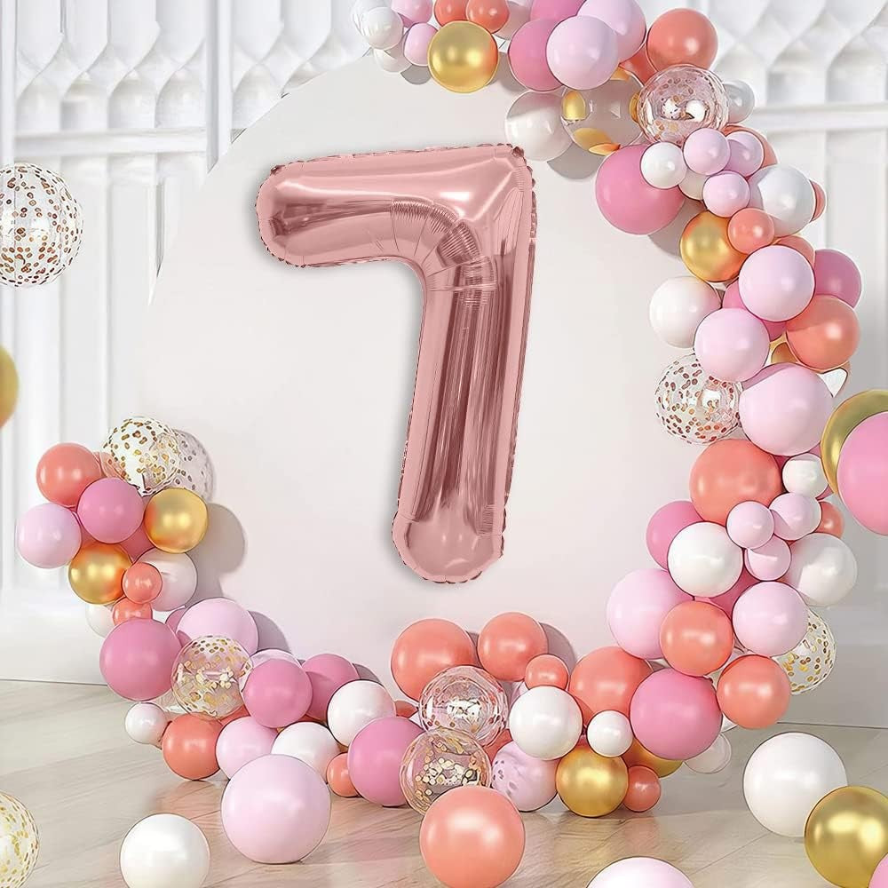 Balon din Folie Metalizata Vivimall, Figurina Cifra, Tema Aniversare 40 cm, Ambalaj Individual, Pai inclus, Umflare cu Aer sau Heliu, Rose Gold, Cifra 7 - vivimall.ro