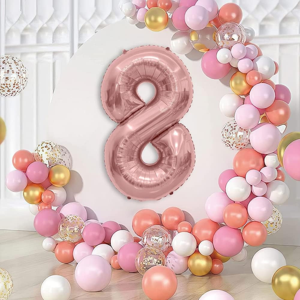 Balon din Folie Metalizata Vivimall, Figurina Cifra, Tema Aniversare 80 cm, Ambalaj Individual, Pai inclus, Umflare cu Aer sau Heliu, Rose Gold, Cifra 8 - vivimall.ro