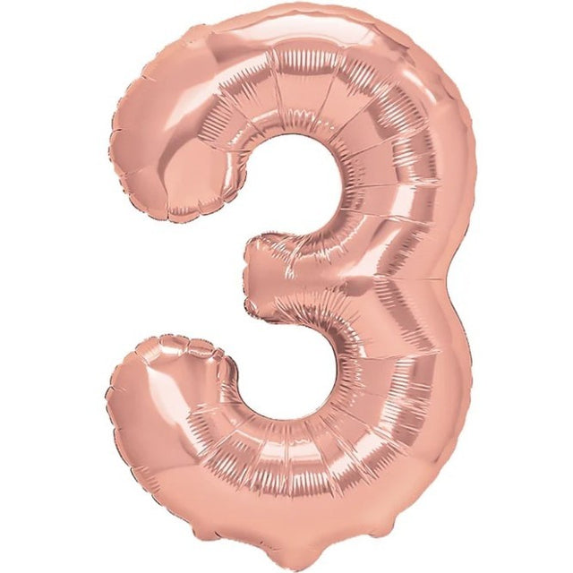 Balon din Folie Metalizata Vivimall, Figurina Cifra, Tema Aniversare 80 cm, Ambalaj Individual, Pai inclus, Umflare cu Aer sau Heliu, Rose Gold, Cifra 3 - vivimall.ro