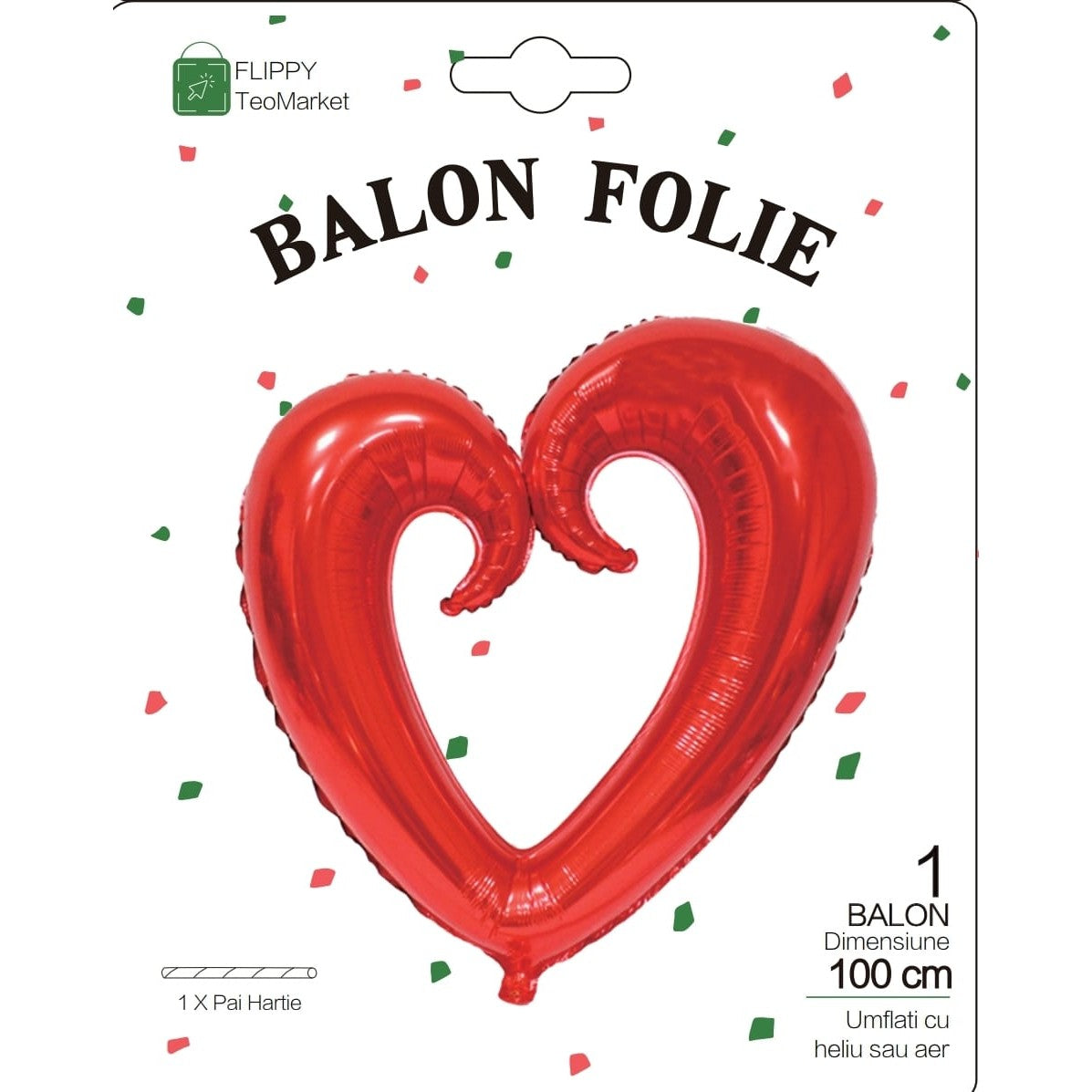 Balon din Folie Metalizata, Vivimall, Figurina Inima Gigantica, Tema Ziua Indragostitilor, 100 cm, Ambalaj Individual, Pai Inclus, Umflare cu Aer sau Heliu, Rosu - vivimall.ro