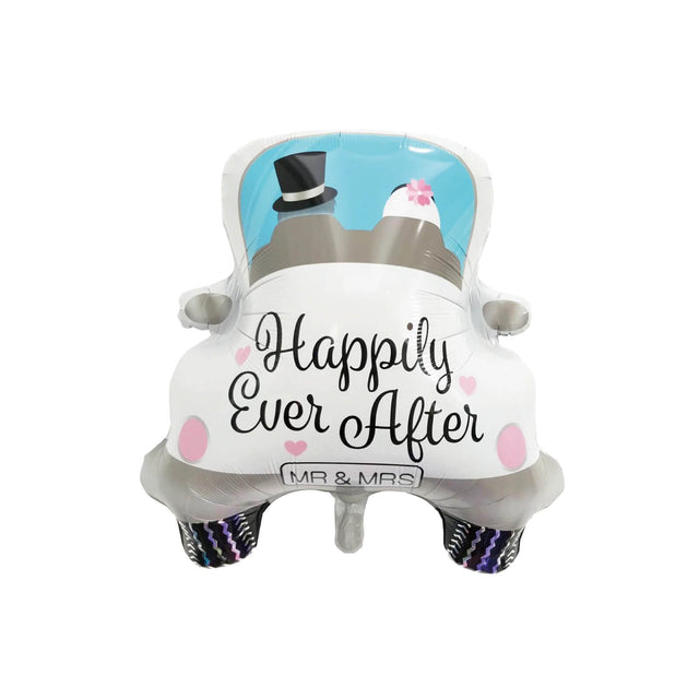 Balon din Folie Metalizata, Vivimall, Figurina Masina, Model Nunta Happily Ever After, Tema Nunta, 60 x 63 cm, Ambalaj Individual, Pai Inclus, Umflare cu Aer sau Heliu, Alb - vivimall.ro