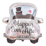 Balon din Folie Metalizata, Vivimall, Figurina Masina, Model Nunta Happily Ever After, Tema Nunta, 60 x 63 cm, Ambalaj Individual, Pai Inclus, Umflare cu Aer sau Heliu, Alb - vivimall.ro