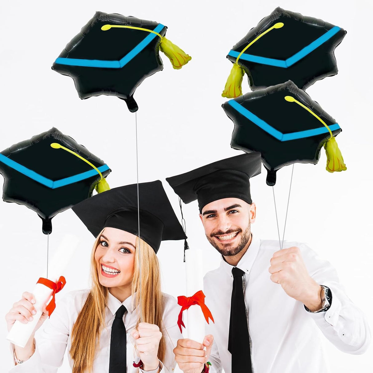 Balon din Folie Metalizata, Vivimall, Figurina, Model Toca Congrats Grad, Tematica Absolvire, 56x70 cm, Ambalaj Individual, Pai Inclus, Umflare cu Aer sau Heliu, Negru-Albastru - vivimall.ro