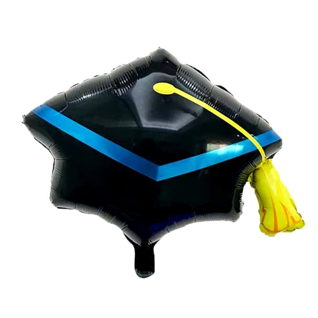 Balon din Folie Metalizata, Vivimall, Figurina, Model Toca Congrats Grad, Tematica Absolvire, 56x70 cm, Ambalaj Individual, Pai Inclus, Umflare cu Aer sau Heliu, Negru-Albastru - vivimall.ro