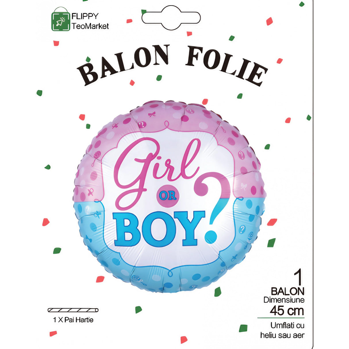 Balon din Folie Metalizata, Vivimall, Figurina Rotunda, Model Girl or Boy, Tema Gender Reveal, 45 cm, Ambalaj Individual, Pai Inclus, Umflare cu Aer sau Heliu, Albastru/Roz - vivimall.ro