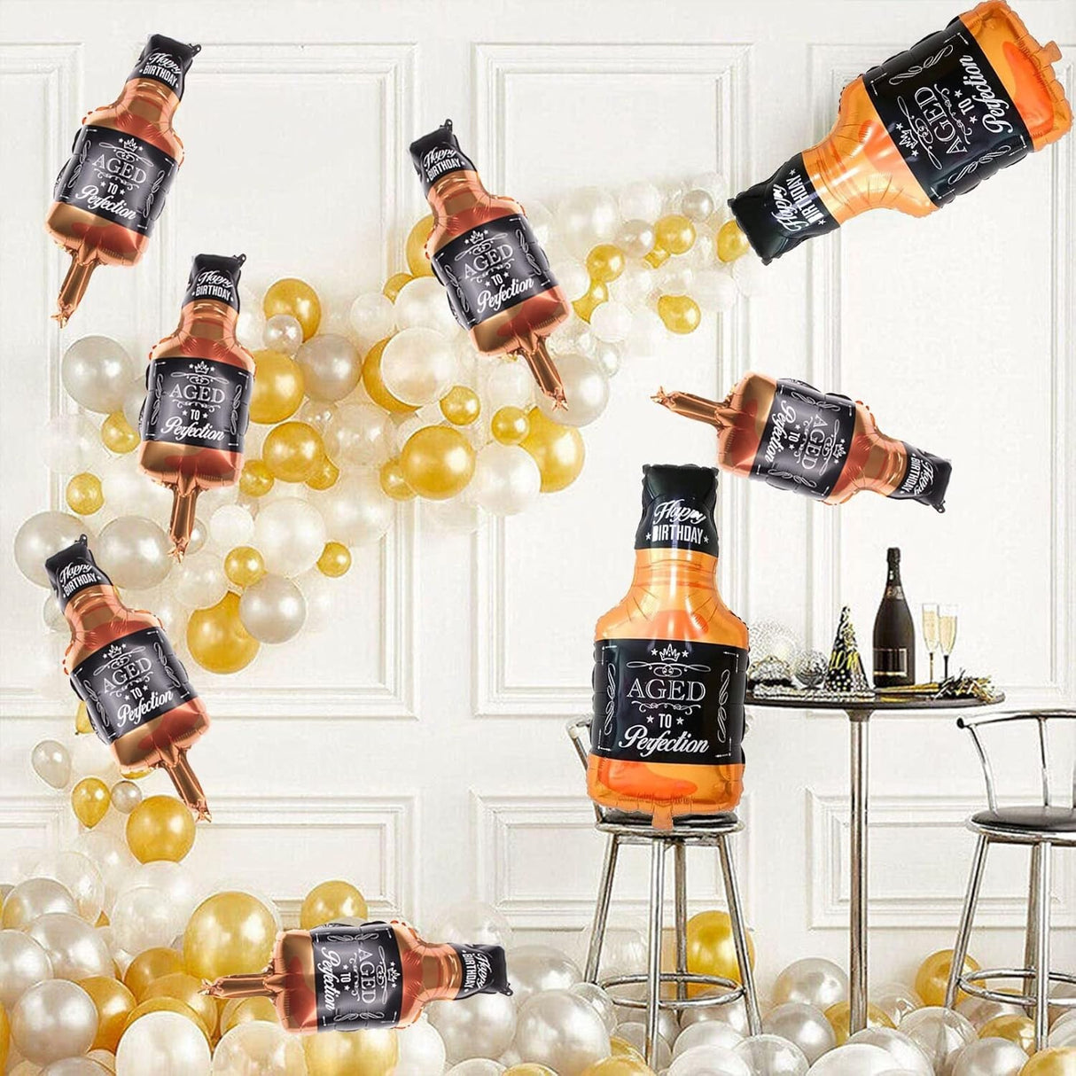 Balon din Folie Metalizata, Vivimall, Figurina Sticla de Whisky, Tema Aniversare, 90x45 cm, Ambalaj Individual, Pai Inclus, Umflare cu Aer sau Heliu, Maro - vivimall.ro