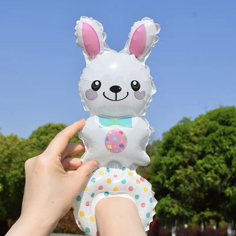 Balon din Folie Metalizata, Vivimall, Figurine Animalute, Tip Bratara, Model Iepuras, Ambalaj Individual, Pai Inclus, Umflare cu Aer sau Heliu, Alb - vivimall.ro