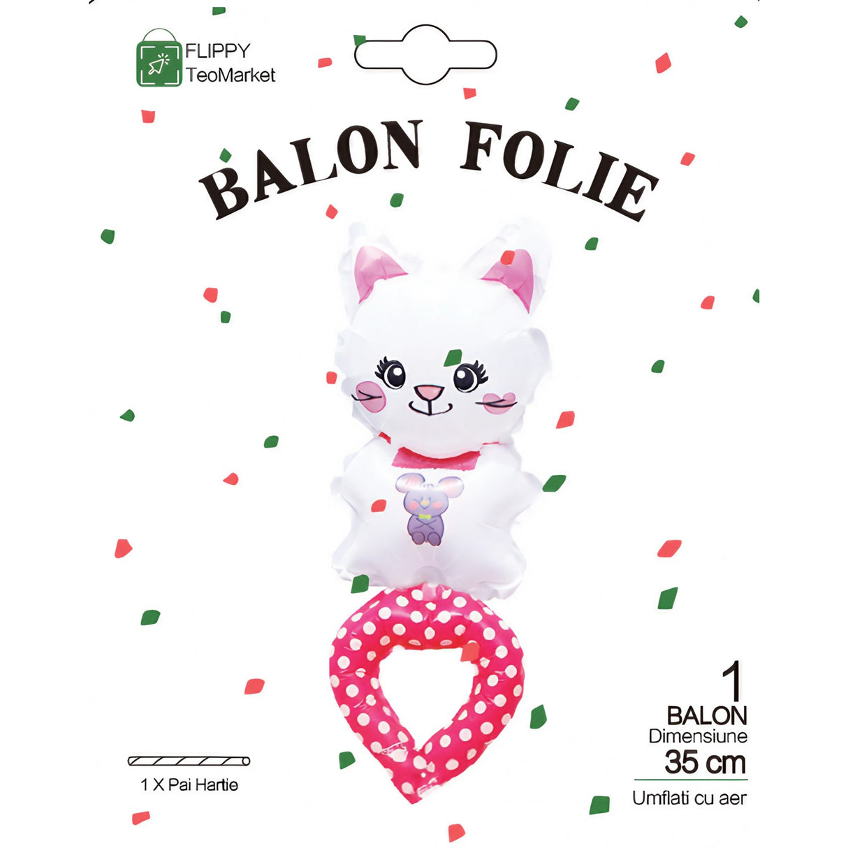 Balon din Folie Metalizata, Vivimall, Figurine Animalute, Tip Bratara, Model Pisica, 13 x 35 cm, Ambalaj Individual, Pai Inclus, Umflare cu Aer sau Heliu, Alb - vivimall.ro