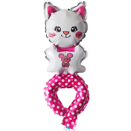 Balon din Folie Metalizata, Vivimall, Figurine Animalute, Tip Bratara, Model Pisica, Ambalaj Individual, Pai Inclus, Umflare cu Aer sau Heliu, Alb - vivimall.ro