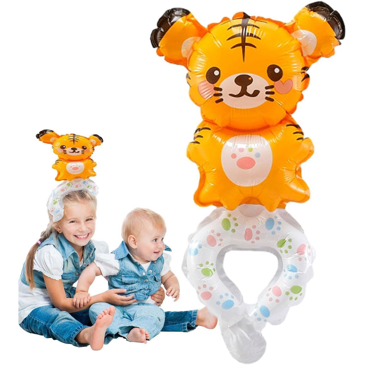 Balon din Folie Metalizata, Vivimall, Figurine Animalute, Tip Bratara, Model Tigru, 17x34 cm, Ambalaj Individual, Pai Inclus, Umflare cu Aer sau Heliu, Maro - vivimall.ro