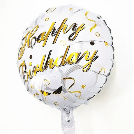 Balon din Folie Metalizata, Vivimall, Mini Figurina Rotunda, Model Happy Birthday, Tema Aniversare, 45 cm, Ambalaj Individual, Pai inclus, Umflare cu Aer sau Heliu, Argintiu - vivimall.ro