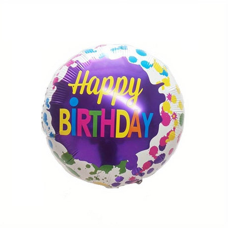 Set 3 Baloane din Folie Metalizata, Vivimall, Mini Figurina Rotunda, Model Happy Birthday, 45 cm, Ambalaj Individual, Pai inclus, Umflare cu Aer sau cu Heliu, Multicolor - vivimall.ro