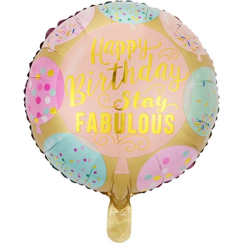 Balon din Folie Metalizata, Vivimall, Mini Figurina Rotunda, Model Happy Birthday Stay Fabulous, Tematica Aniversare, 45 cm, Ambalaj Individual, Pai Inclus, Umflare cu Aer sau Heliu, Multicolor - vivimall.ro