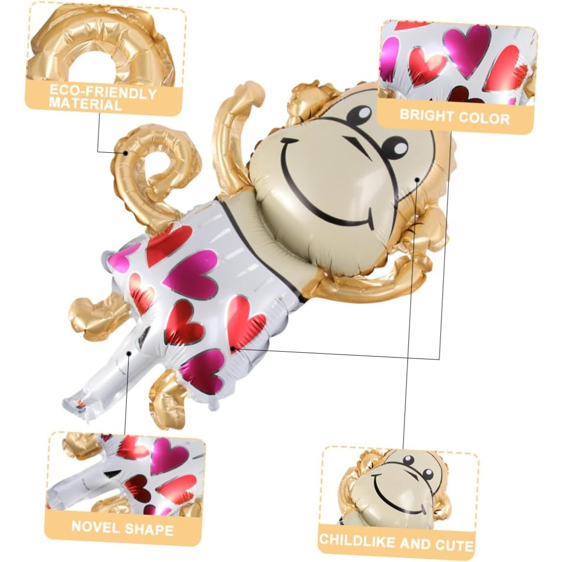Balon Din Folie Metalizata, Mini Figurine Animalute, Model Maimutica, Tematica Aniversare, Ambalaj Individual, Pai Inclus, Umflare Cu Aer Sau Heliu,