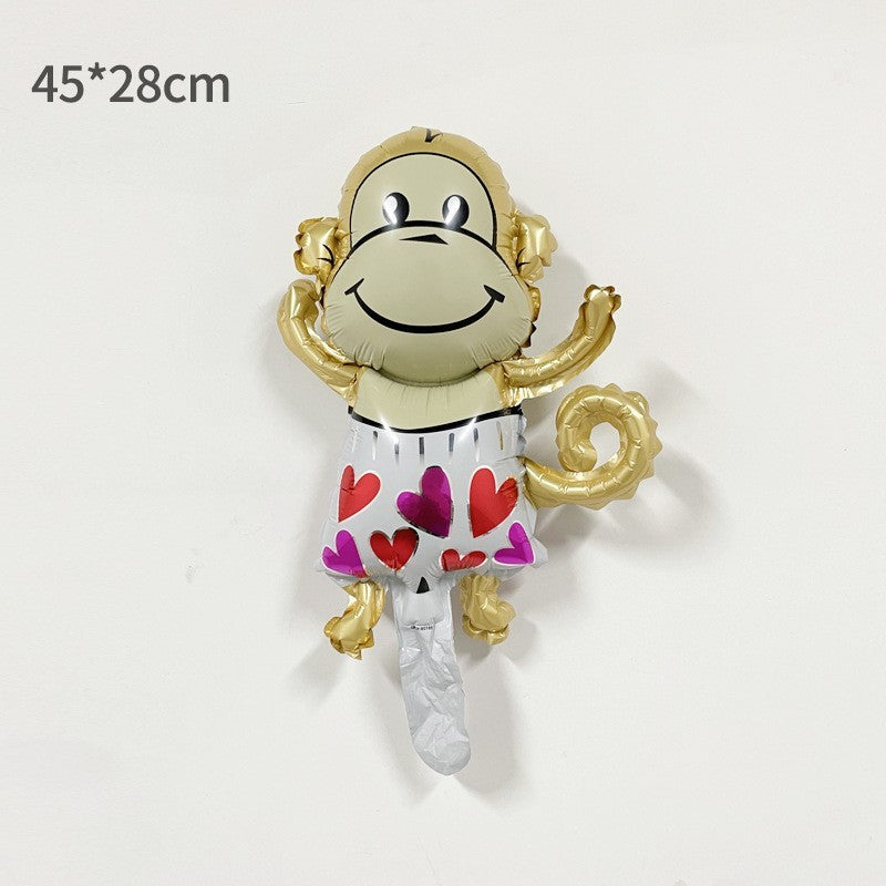 Balon Din Folie Metalizata, Mini Figurine Animalute, Model Maimutica, Tematica Aniversare, Ambalaj Individual, Pai Inclus, Umflare Cu Aer Sau Heliu,