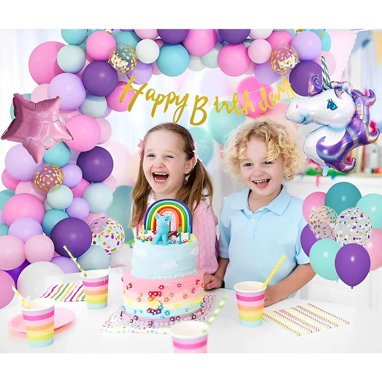 Balon Din Folie Metalizata, Mini Figurine, Model Unicorn, Tematica Aniversare, Ambalaj Individual, Pai Inclus, Umflare Cu Aer Sau Heliu,