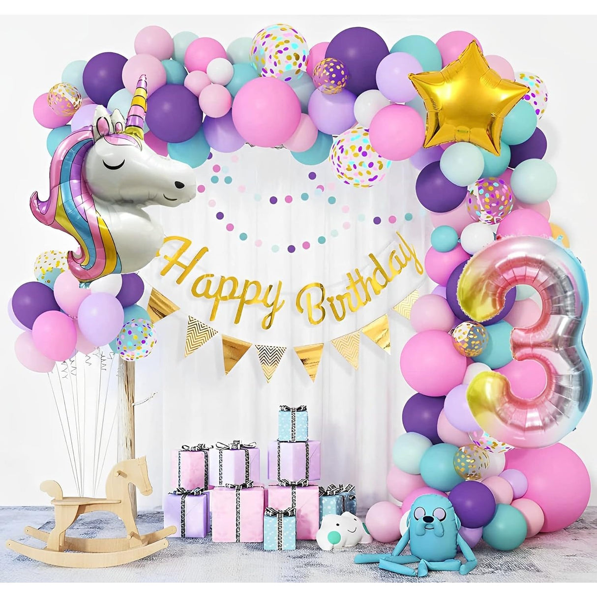 Balon Din Folie Metalizata, Mini Figurine, Model Unicorn, Tematica Aniversare, Ambalaj Individual, Pai Inclus, Umflare Cu Aer Sau Heliu,