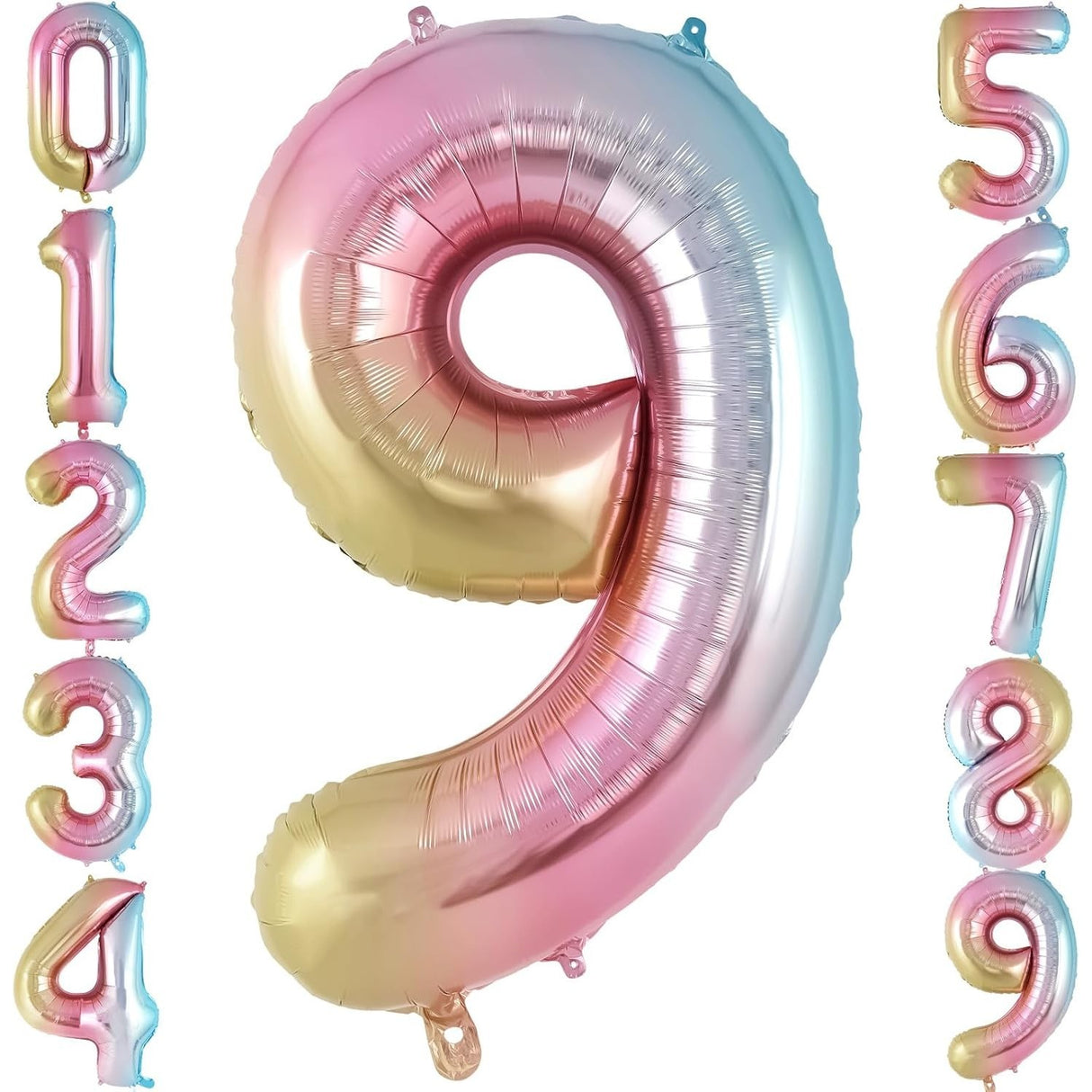 Balon din Folie Metalizata Gradient Vivimall, Figurina Cifra, Tema Aniversare 100 cm, Ambalaj Individual, Pai inclus, Umflare cu Aer sau Heliu, Multicolor, Cifra 9 - vivimall.ro