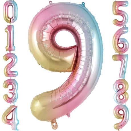 Balon din Folie Metalizata Gradient Vivimall, Figurina Cifra, Tema Aniversare 100 cm, Ambalaj Individual, Pai inclus, Umflare cu Aer sau Heliu, Multicolor, Cifra 9 - vivimall.ro