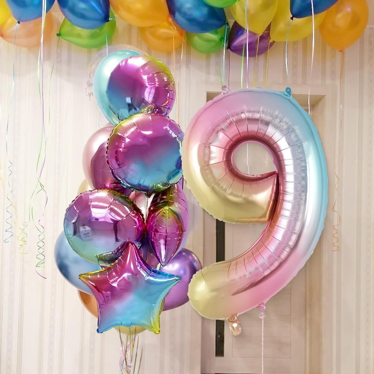 Balon Din Folie Metalizata Gradient Figurina Cifra, Tema Aniversare 100 Cm, Ambalaj Individual, Pai Inclus, Umflare Cu Aer Sau Heliu, Cifra 9 - vivimall.ro
