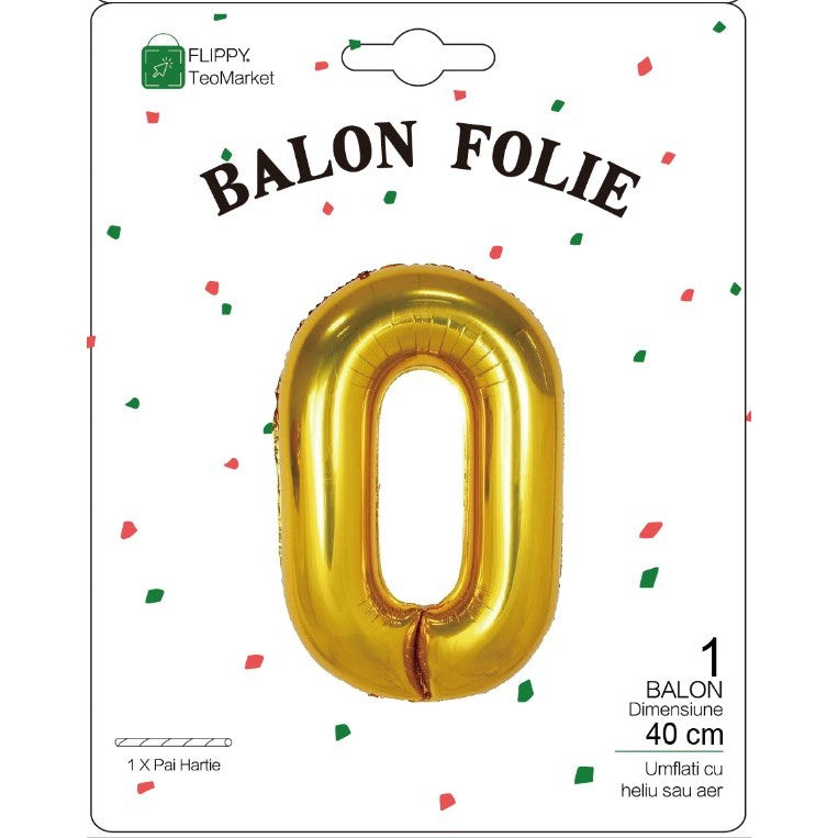 Balon Din Folie Metalizata, Figurina Cifra, Tema Aniversare 40 Cm, Ambalaj Individual, Pai Inclus, Umflare Cu Aer Sau Heliu, Cifra 0