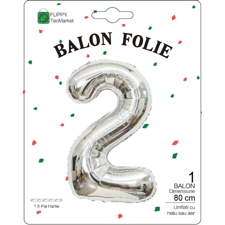 Balon Din Folie Metalizata, Figurina Cifra, Tema Aniversare 80 Cm, Ambalaj Individual, Pai Inclus, Umflare Cu Aer Sau Heliu, Cifra 2 - vivimall.ro