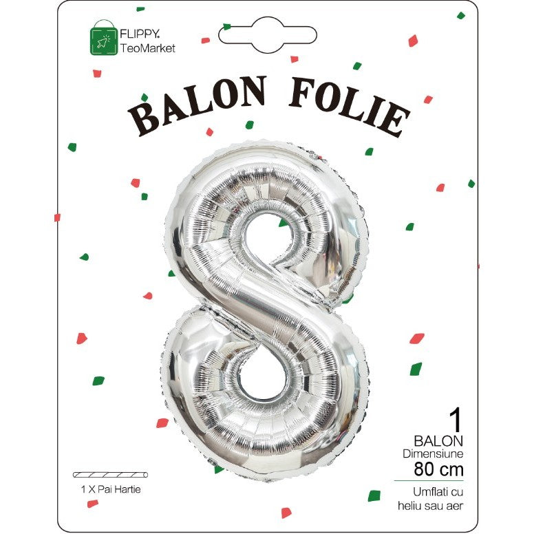 Balon Din Folie Metalizata, Figurina Cifra, Tema Aniversare 80 Cm, Ambalaj Individual, Pai Inclus, Umflare Cu Aer Sau Heliu, Cifra 8 - vivimall.ro