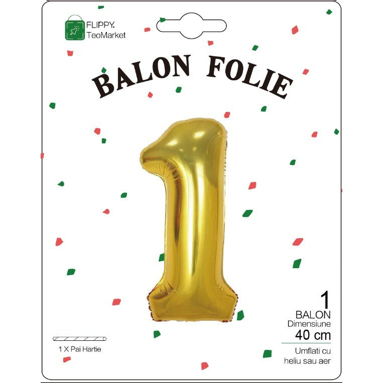 Balon Din Folie Metalizata, Figurina Cifra, Tema Aniversare 40 Cm, Ambalaj Individual, Pai Inclus, Umflare Cu Aer Sau Heliu, Cifra 1