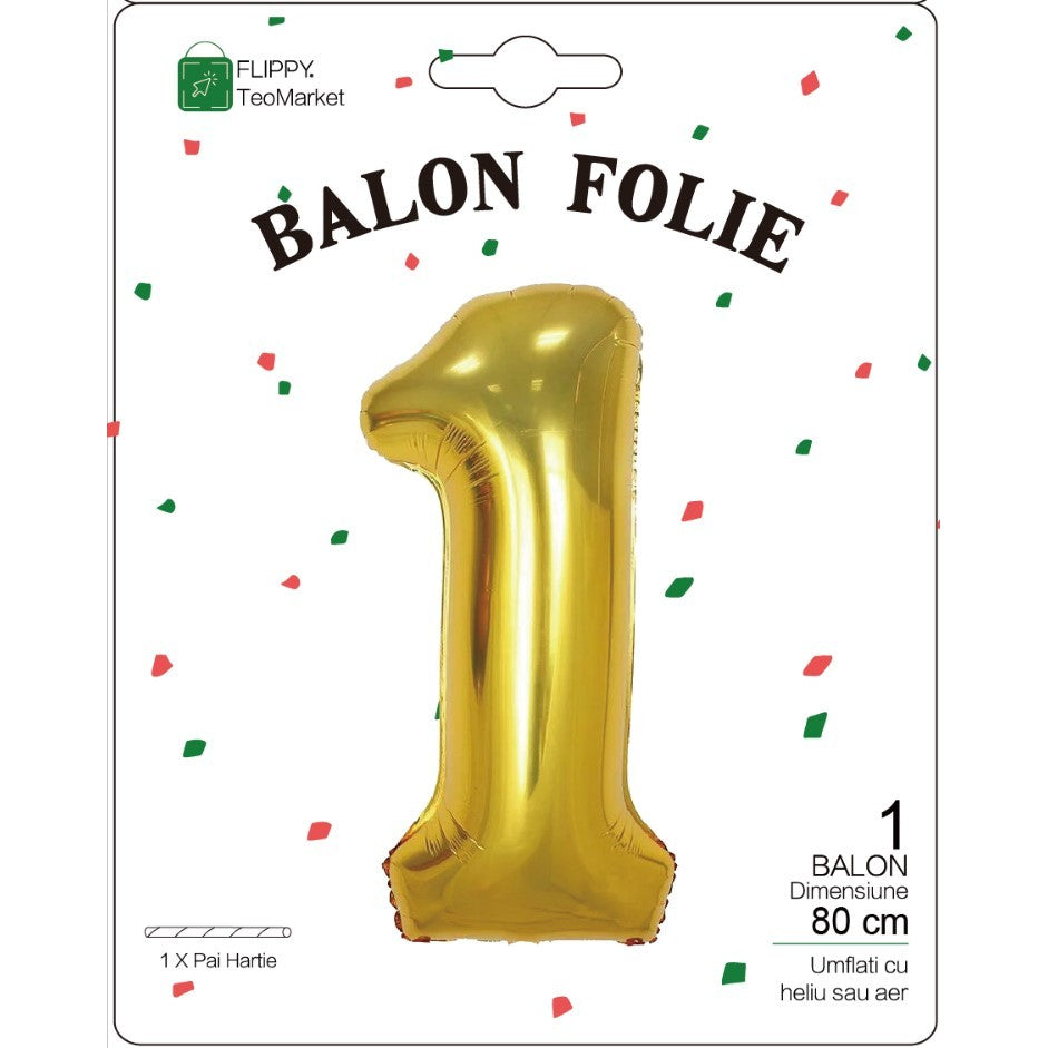 Balon Din Folie Metalizata, Figurina Cifra, Tema Aniversare 80 Cm, Ambalaj Individual, Pai Inclus, Umflare Cu Aer Sau Heliu, Cifra 1