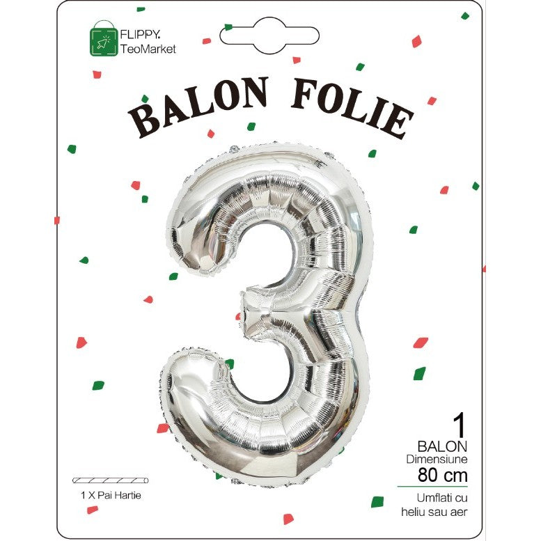 Balon Din Folie Metalizata, Figurina Cifra, Tema Aniversare 80 Cm, Ambalaj Individual, Pai Inclus, Umflare Cu Aer Sau Heliu, Cifra 3 - vivimall.ro