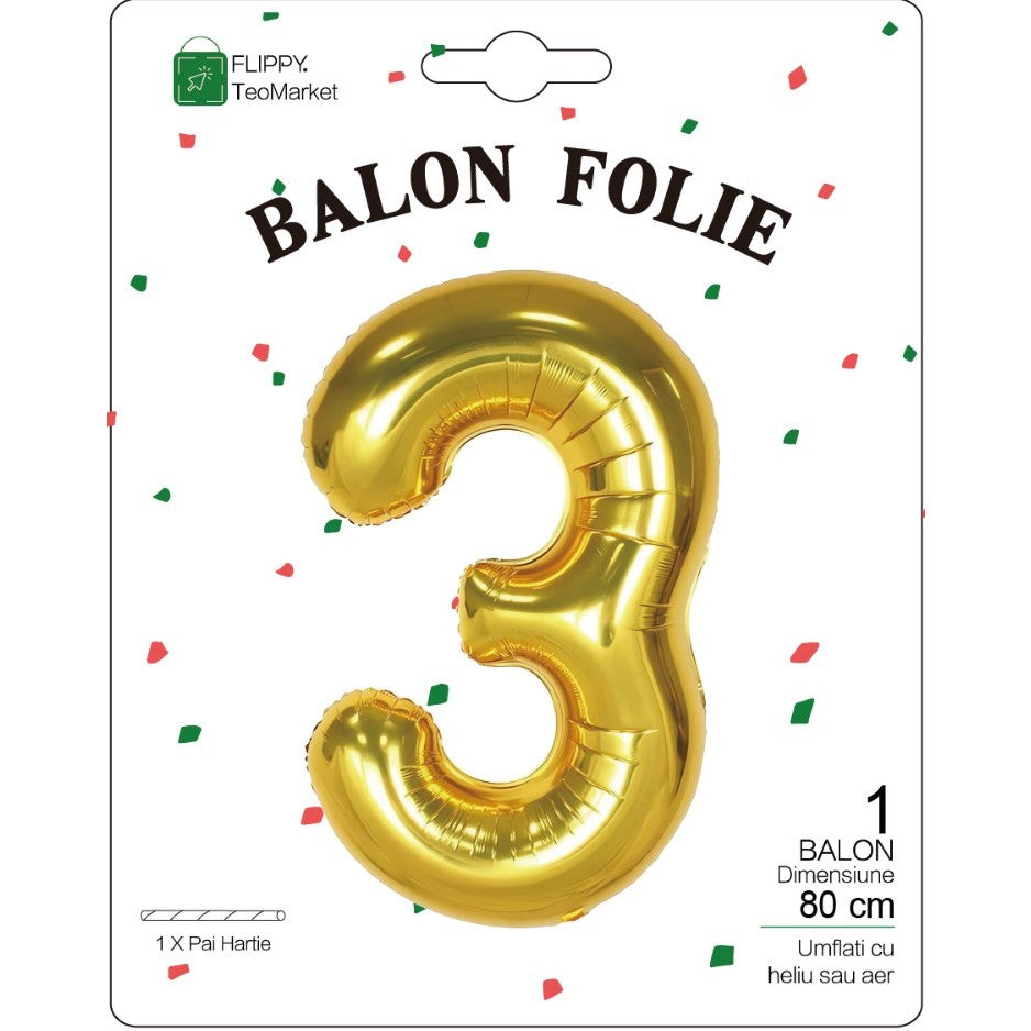 Balon Din Folie Metalizata, Figurina Cifra, Tema Aniversare 80 Cm, Ambalaj Individual, Pai Inclus, Umflare Cu Aer Sau Heliu, Cifra 3