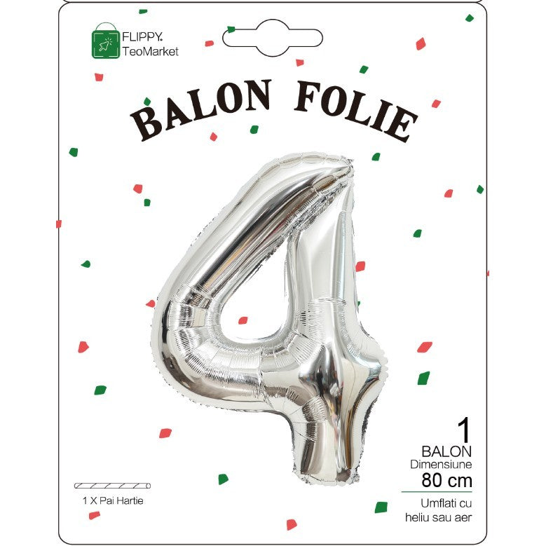 Balon Din Folie Metalizata, Figurina Cifra, Tema Aniversare 80 Cm, Ambalaj Individual, Pai Inclus, Umflare Cu Aer Sau Heliu, Cifra 4 - vivimall.ro