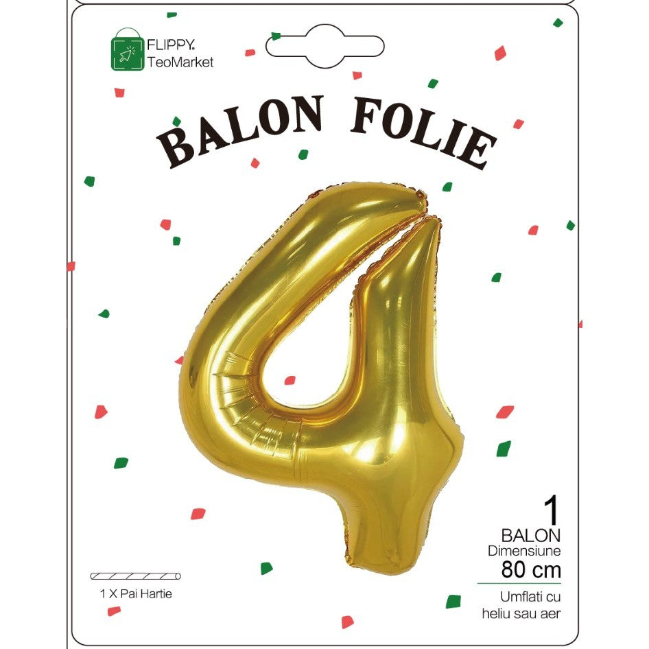 Balon Din Folie Metalizata, Figurina Cifra, Tema Aniversare 80 Cm, Ambalaj Individual, Pai Inclus, Umflare Cu Aer Sau Heliu, Cifra 4