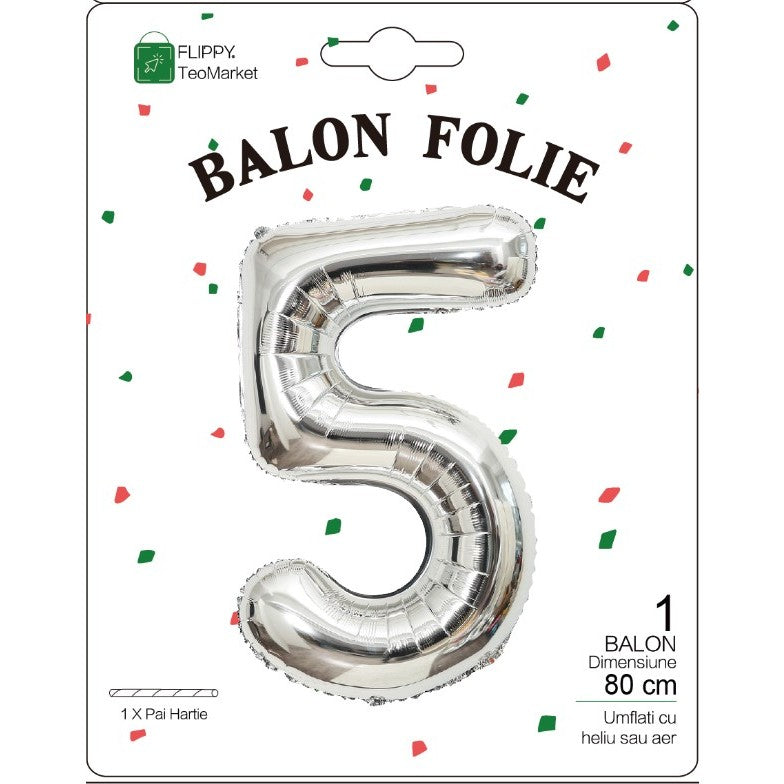 Balon Din Folie Metalizata, Figurina Cifra, Tema Aniversare 80 Cm, Ambalaj Individual, Pai Inclus, Umflare Cu Aer Sau Heliu, Cifra 5 - vivimall.ro