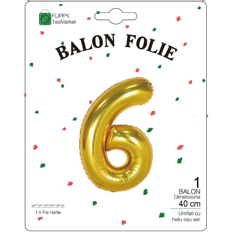 Balon Din Folie Metalizata Figurina Cifra, Tema Aniversare 40 Cm, Ambalaj Individual, Pai Inclus, Umflare Cu Aer Sau Heliu, Cifra 6 - vivimall.ro