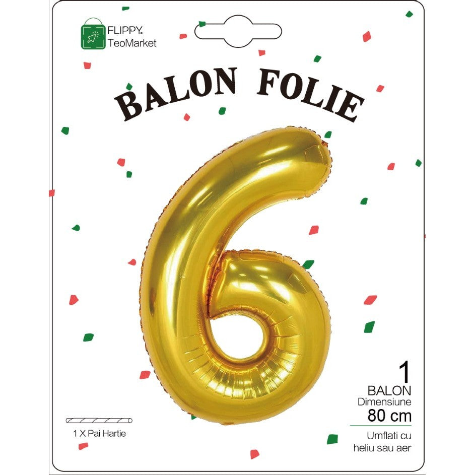 Balon Din Folie Metalizata, Figurina Cifra, Tema Aniversare 80 Cm, Ambalaj Individual, Pai Inclus, Umflare Cu Aer Sau Heliu, Cifra 6