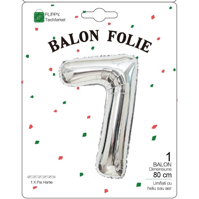 Balon Din Folie Metalizata, Figurina Cifra, Tema Aniversare 80 Cm, Ambalaj Individual, Pai Inclus, Umflare Cu Aer Sau Heliu, Cifra 7 - vivimall.ro