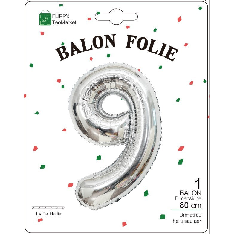 Balon Din Folie Metalizata, Figurina Cifra, Tema Aniversare 80 Cm, Ambalaj Individual, Pai Inclus, Umflare Cu Aer Sau Heliu, Cifra 9 - vivimall.ro