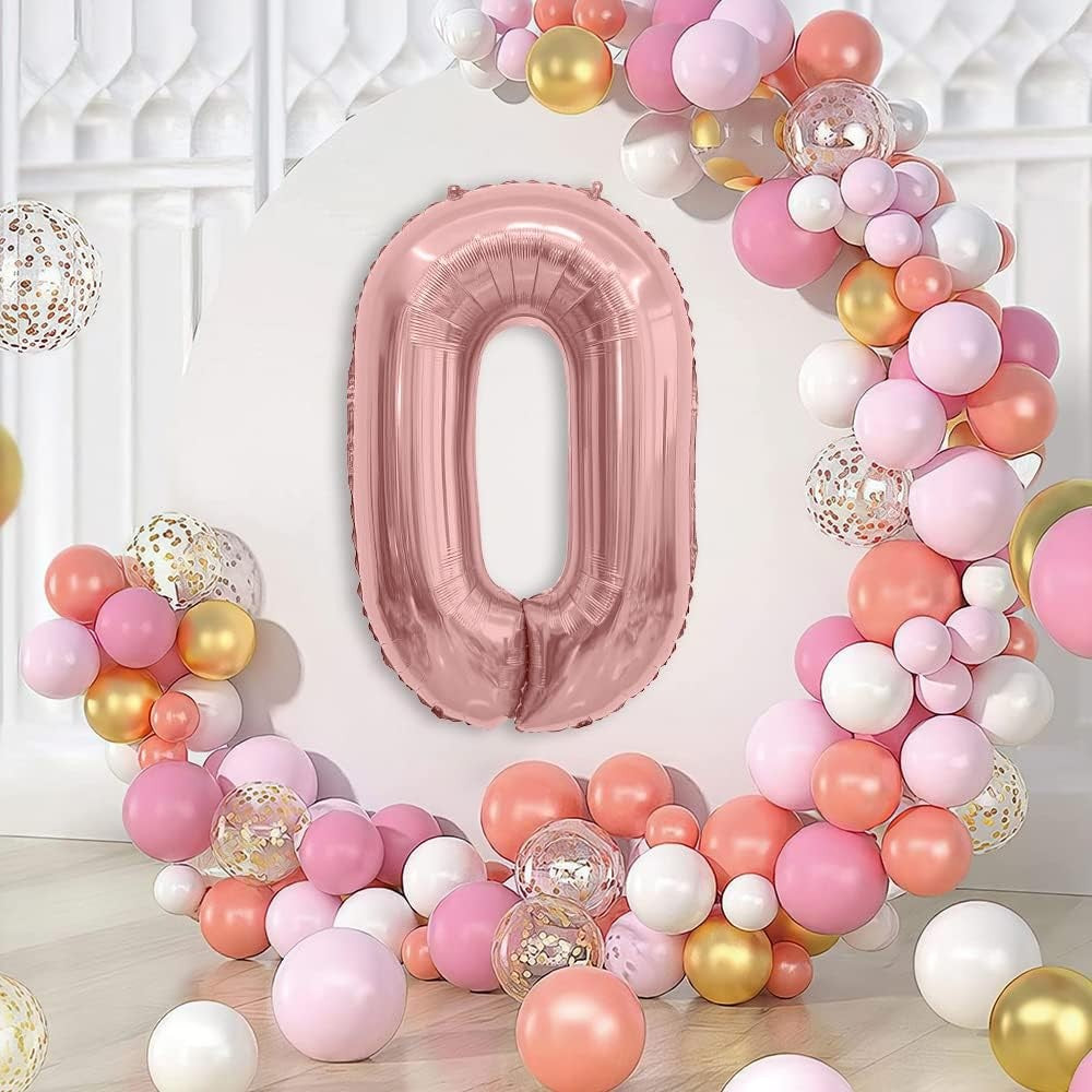 Balon din Folie Metalizata Vivimall, Figurina Cifra, Tema Aniversare 40 cm, Ambalaj Individual, Pai inclus, Umflare cu Aer sau Heliu, Rose Gold, Cifra 0 - vivimall.ro